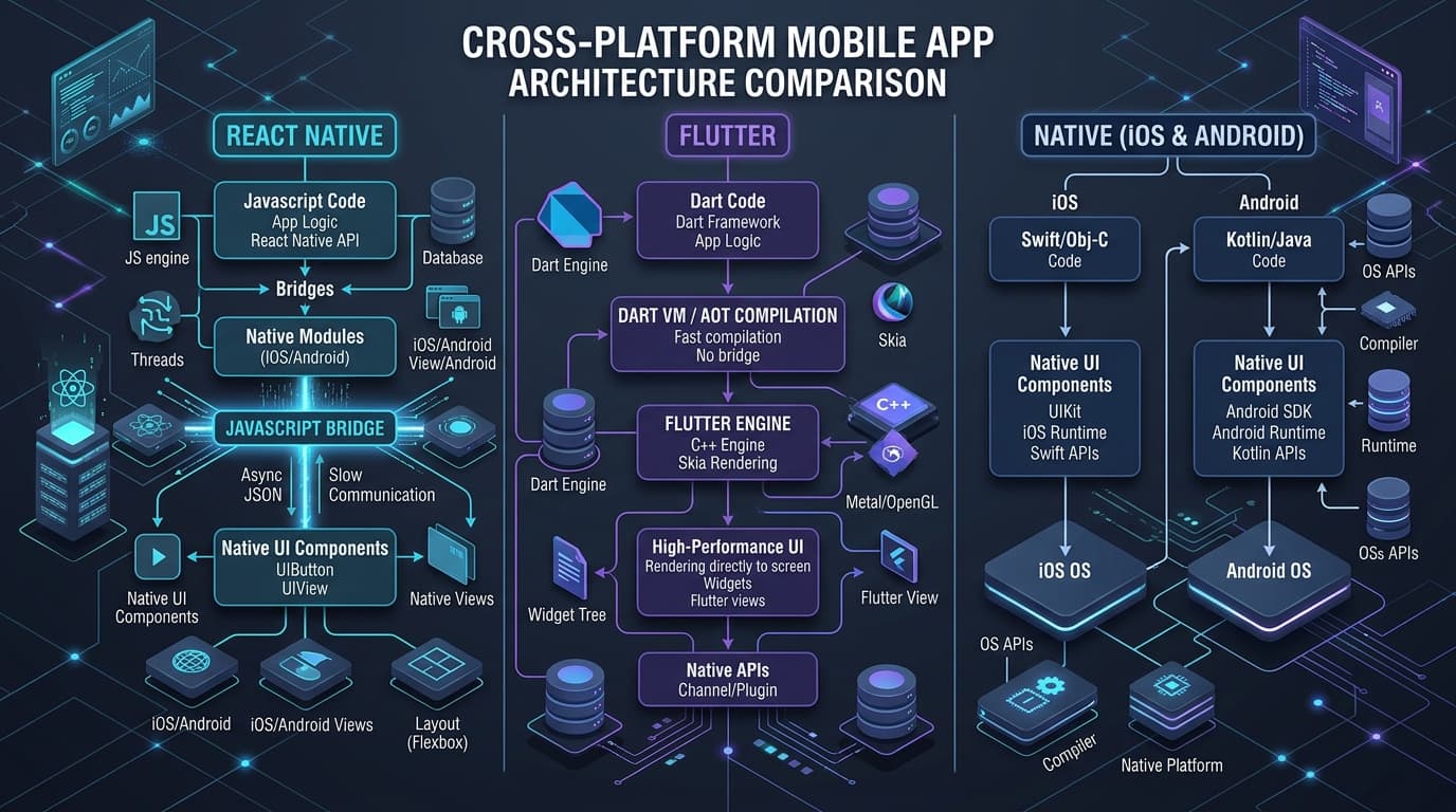 Cross-Platform Mobile App Architecture comparison — React Native New Architecture, Flutter Dart engine, and Native iOS Android
