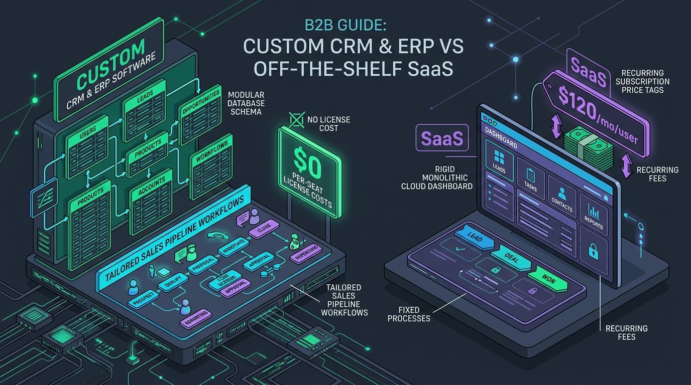 Custom CRM and ERP software architecture compared to off-the-shelf SaaS with per-seat subscription costs and tailored sales pipeline workflows