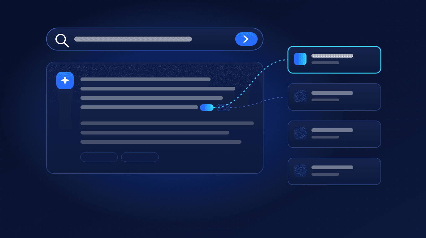 Illustration of an AI search answer panel citing a highlighted source from a list of websites