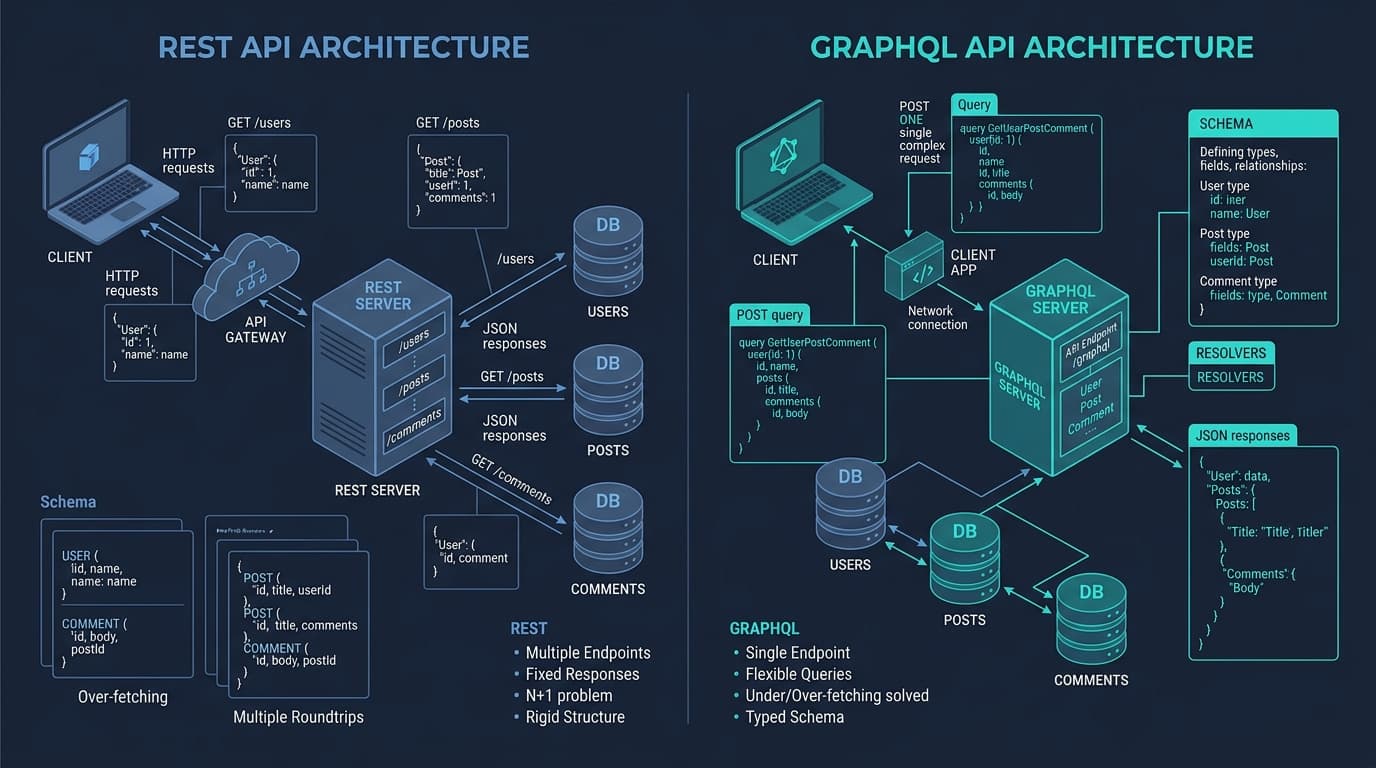 GraphQL vs REST API Architecture Comparison — Schema resolution, over-fetching elimination, and HTTP caching