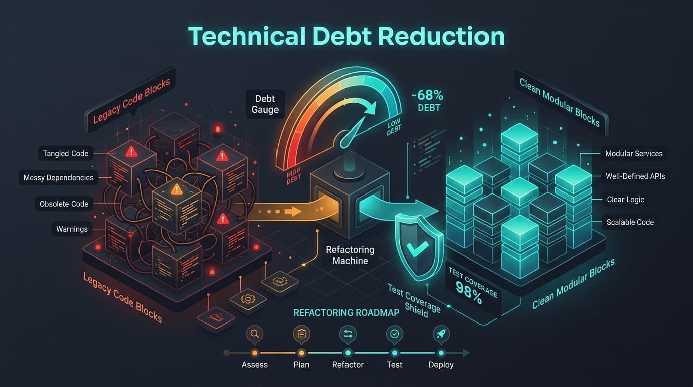 Technical debt reduction — tangled legacy code refactored into clean modular blocks with debt gauge and test coverage