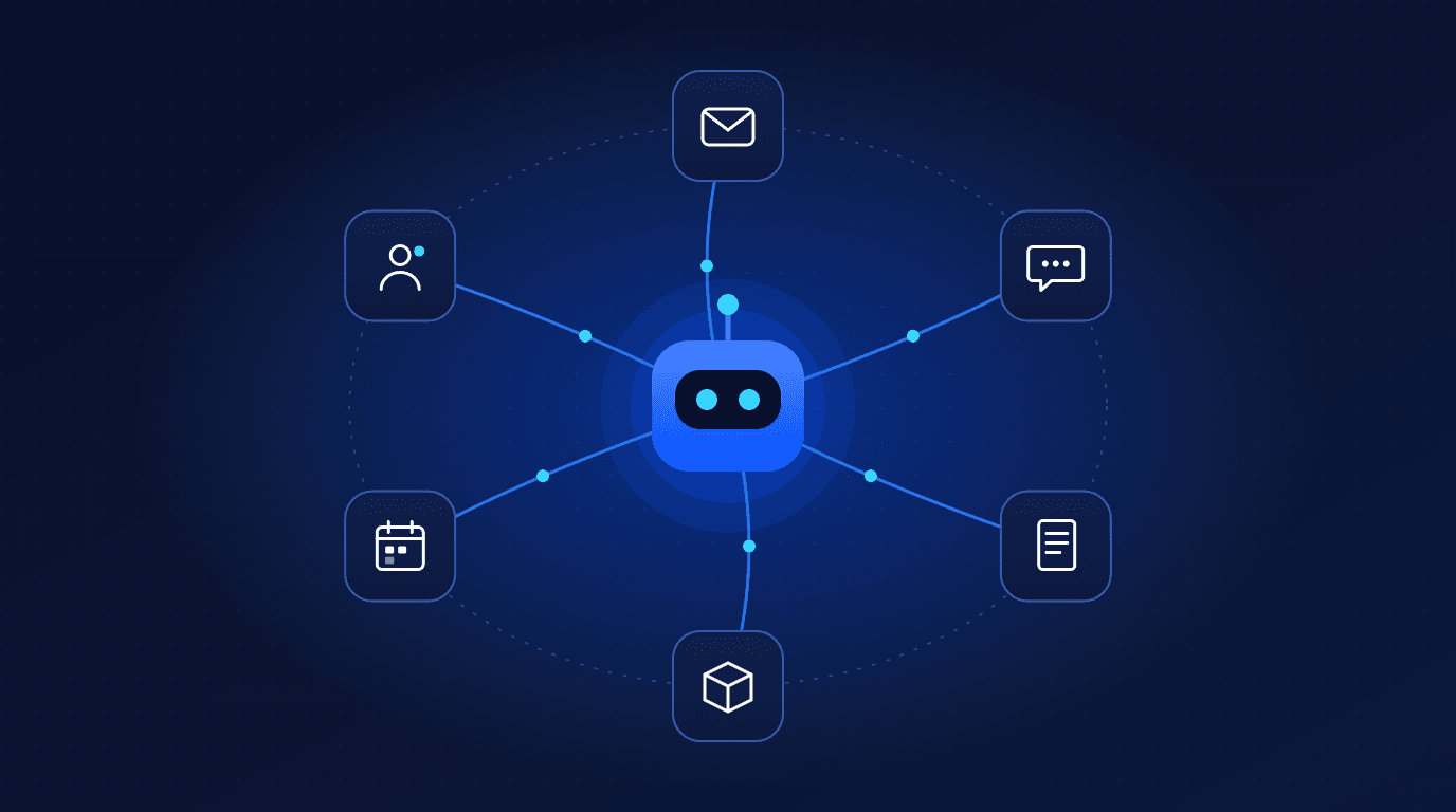 Illustration of an AI agent connected to email, chat, documents, inventory, calendar and CRM tools