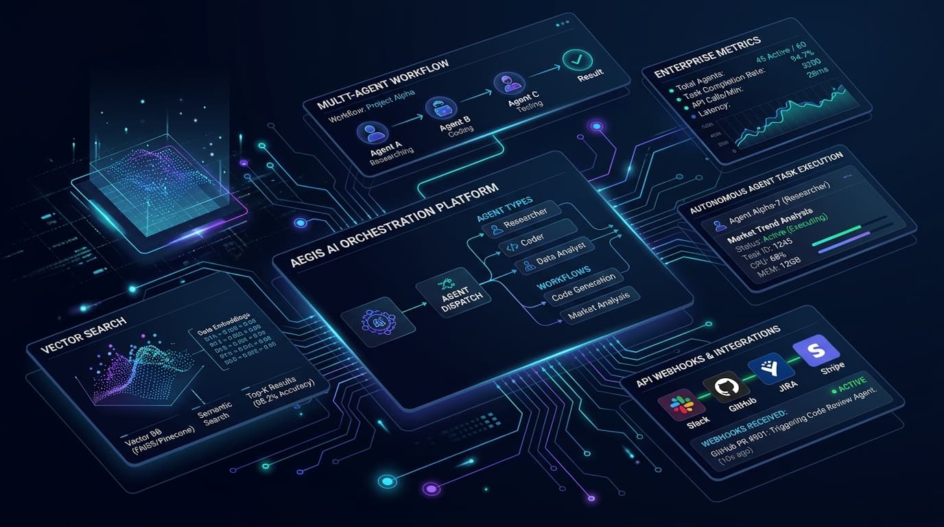Enterprise autonomous AI agent orchestration platform architecture diagram showing multi-agent workflows, vector search, and tool execution nodes