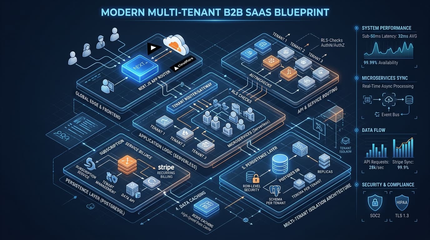 Modern multi-tenant B2B SaaS architecture blueprint showing Next.js App Router, Postgres Row-Level Security, Stripe billing, and microservices synchronization