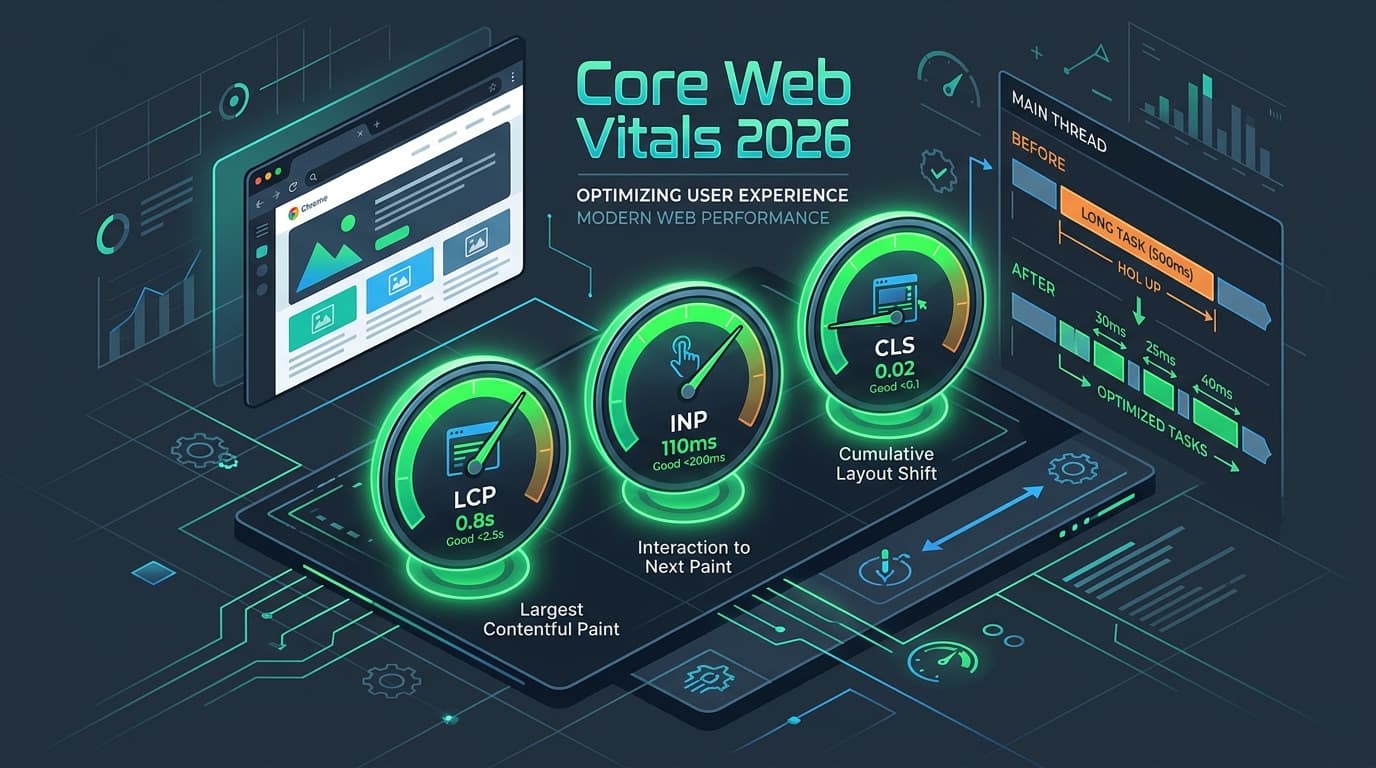 Core Web Vitals 2026 dashboard showing LCP, INP and CLS gauges in the good range with main-thread long tasks split