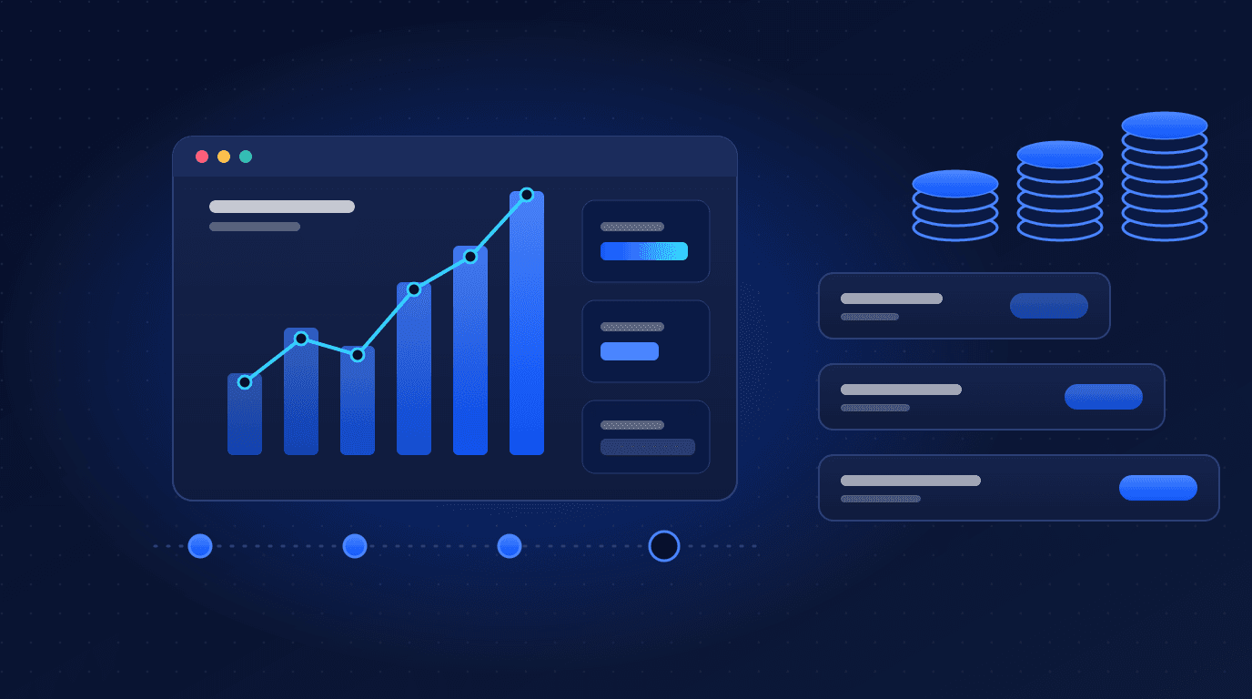 Illustration of a software project dashboard with a rising cost chart, pricing tiers and stacks of coins