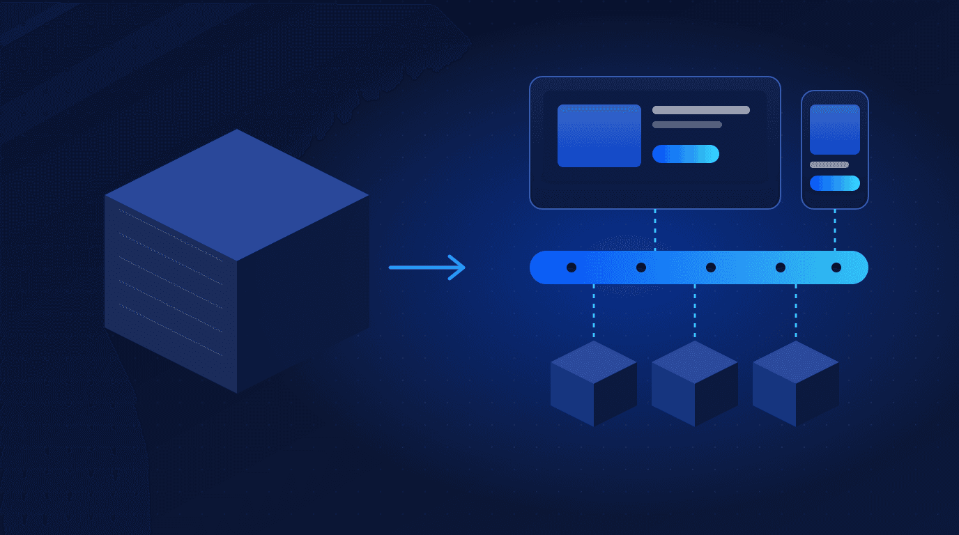 Illustration comparing a single monolithic ecommerce platform with a headless architecture of separate storefront, API and back-end layers