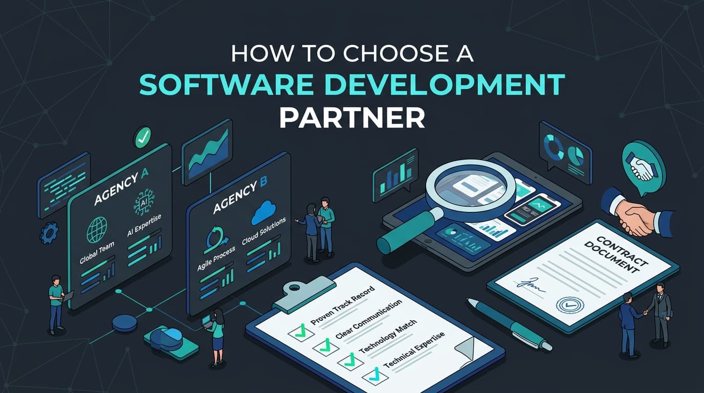 How to choose a software development partner — agency comparison cards, evaluation checklist and contract