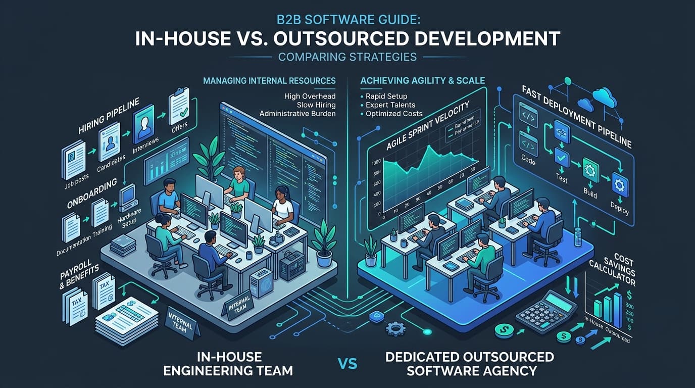 In-House vs Outsourced Software Development comparison showing hiring pipeline overhead vs dedicated agile engineering team velocity and cost savings