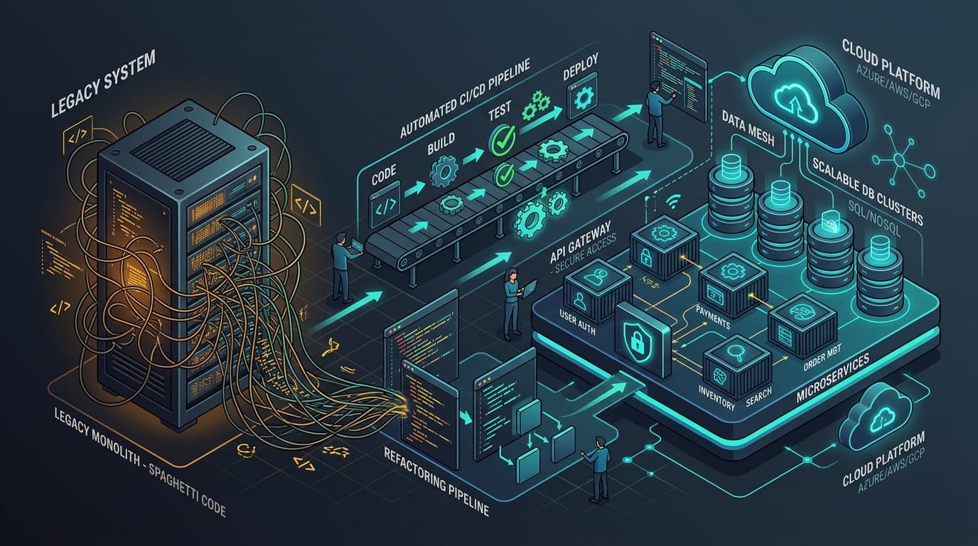 Legacy system modernization architecture diagram showing legacy monolith spaghetti code refactored into modern cloud microservices, API gateways, and CI/CD pipelines
