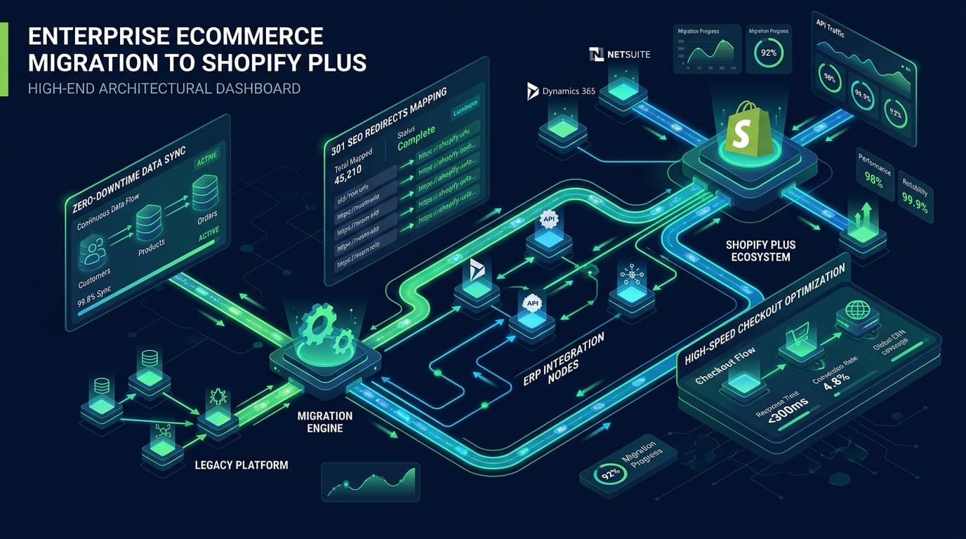 Enterprise ecommerce migration architecture dashboard showing Magento to Shopify Plus data pipelines, 301 redirects mapping, and ERP integration nodes