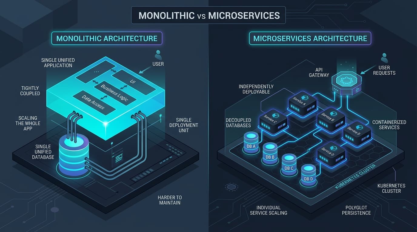 Monolithic Architecture vs Microservices Architecture comparison — API Gateways, containerized services and databases