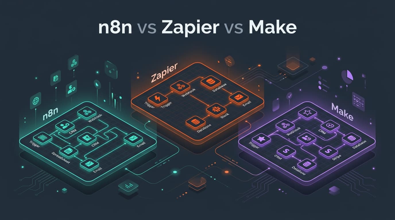 n8n vs Zapier vs Make workflow automation comparison with trigger and action node canvases