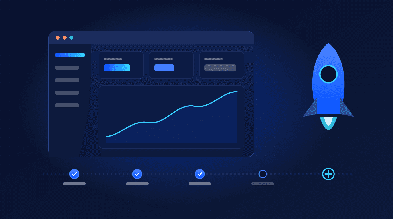 Illustration of a SaaS dashboard with a growth chart, a product roadmap timeline and a launching rocket