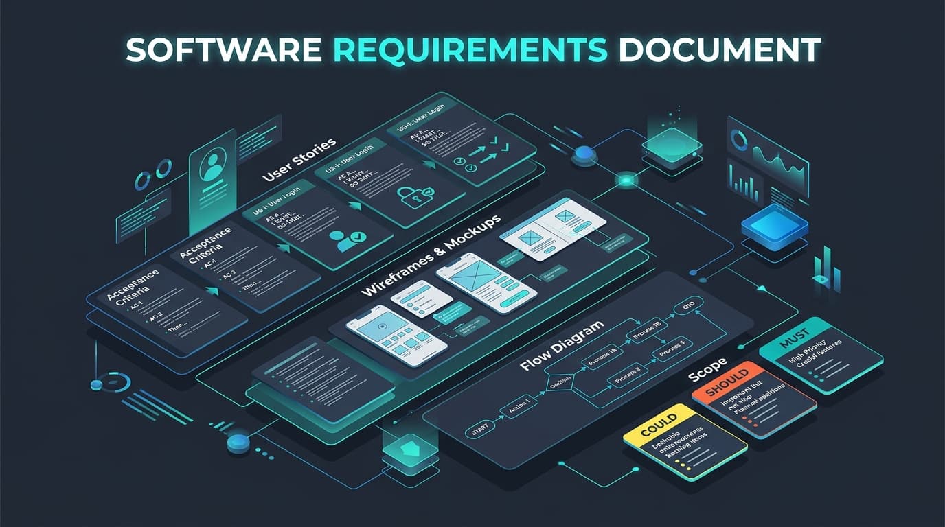 Software requirements document with user stories, acceptance criteria, wireframes, flow diagram and MoSCoW scope cards
