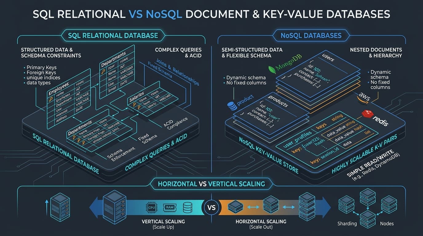 SQL Relational vs NoSQL Document and Key-Value Database Architecture comparison and horizontal scaling
