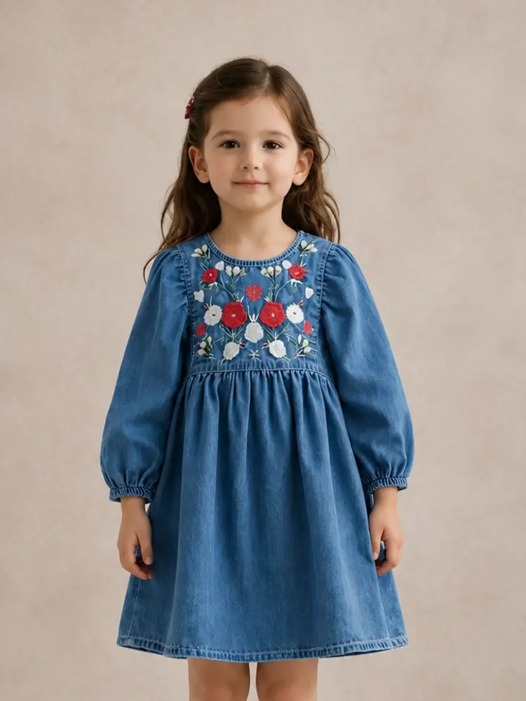 Girl in an embroidered denim dress