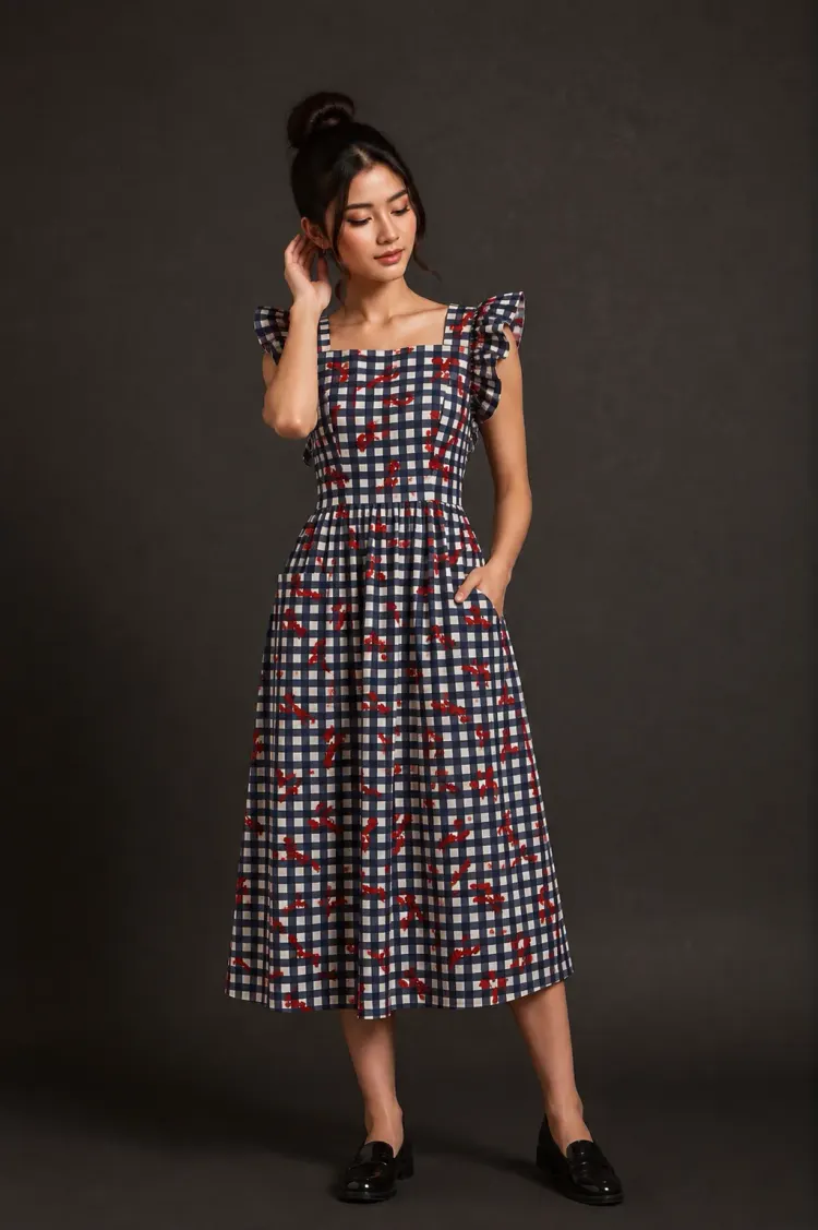 Model in a patterned midi dress